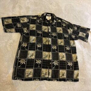 Vintage Bamboo Cay Fine Resortwear Shirt Mens L Palm Tree‎ Beach Hut Print Rayon